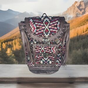 Aztec Backpack Woven Burgundy Tan Western Southwestern Leather Trim Fringe New